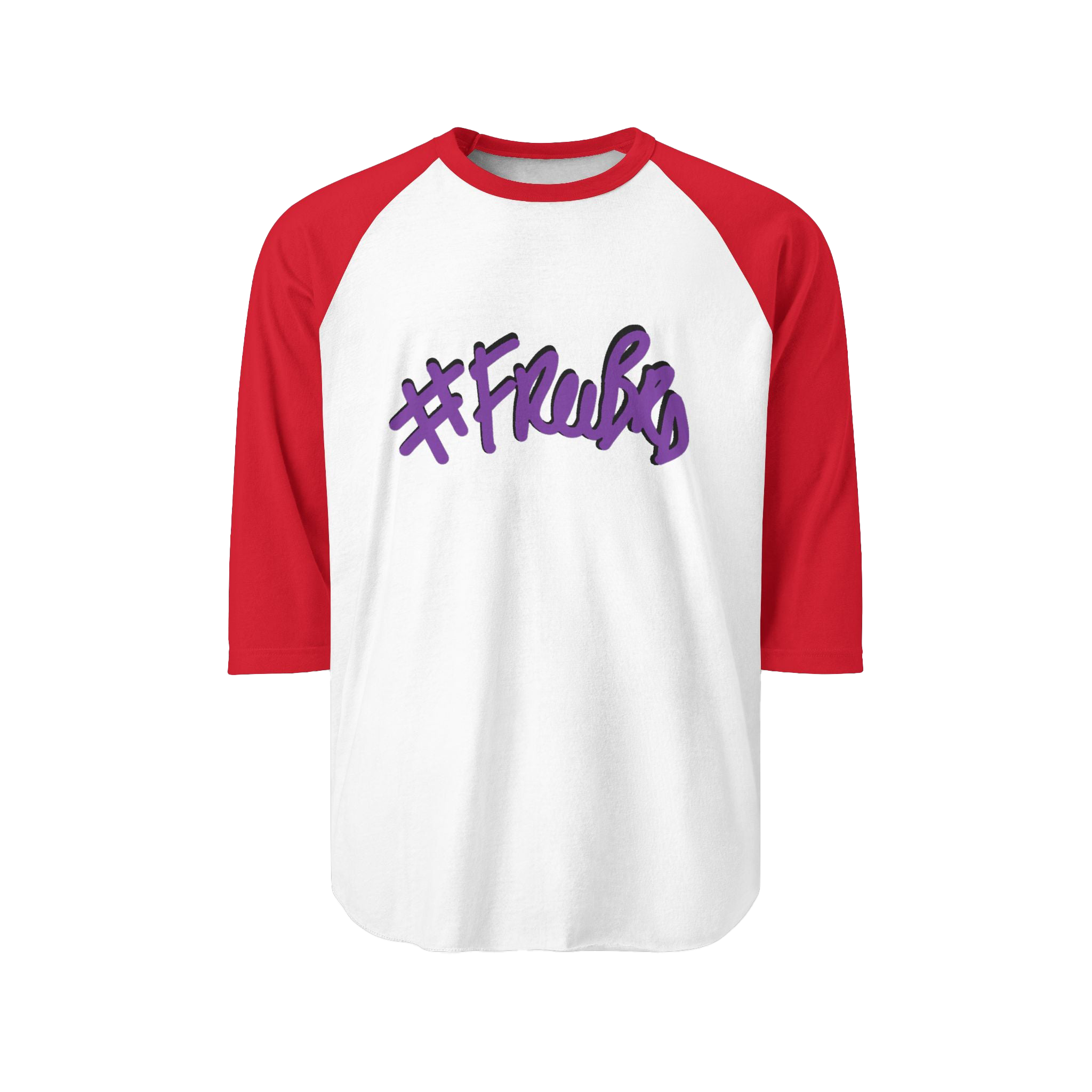 100% ring-spun cotton Raglan Shirt with white torso and red sleeves and hashtag  Freebrd in purple text with a black shadow