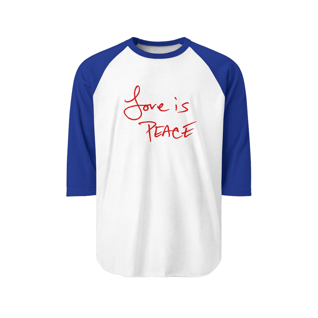 White/Royal Blue Unisex three-quarter Sleeve Baseball Raglan Tee with royal blue Sleeves on a white shirt and "Love is Peace" in red text

