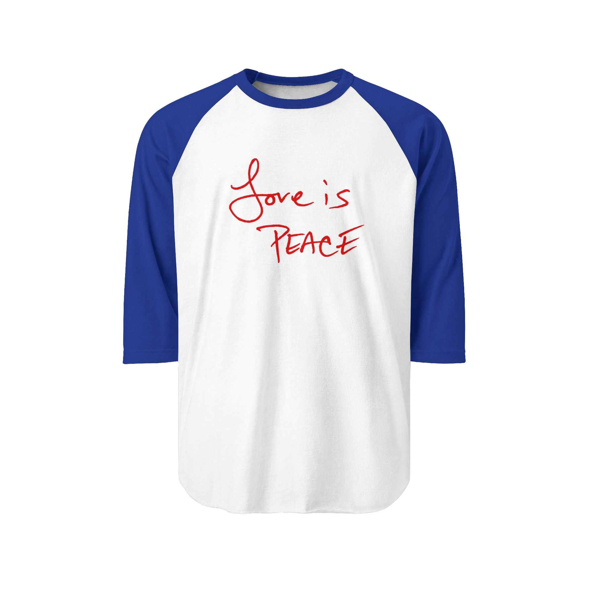 White/Royal Blue Unisex three-quarter Sleeve Baseball Raglan Tee with royal blue Sleeves on a white shirt and "Love is Peace" in red text

