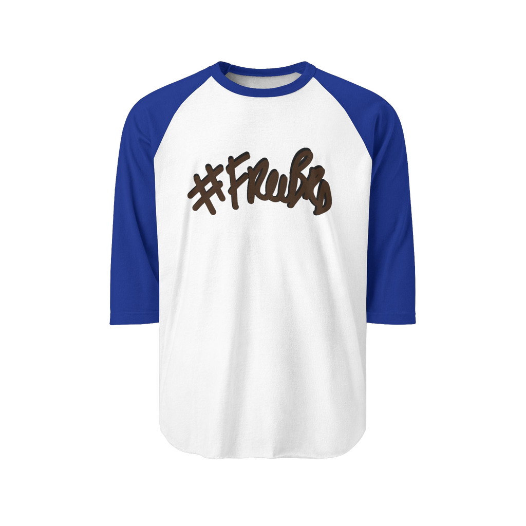 100% ring-spun cotton Raglan Shirt with white torso and royal blue sleeves and hashtag Freebrd in brown text with a black shadow 