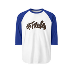 100% ring-spun cotton Raglan Shirt with white torso and royal blue sleeves and hashtag Freebrd in brown text with a black shadow 