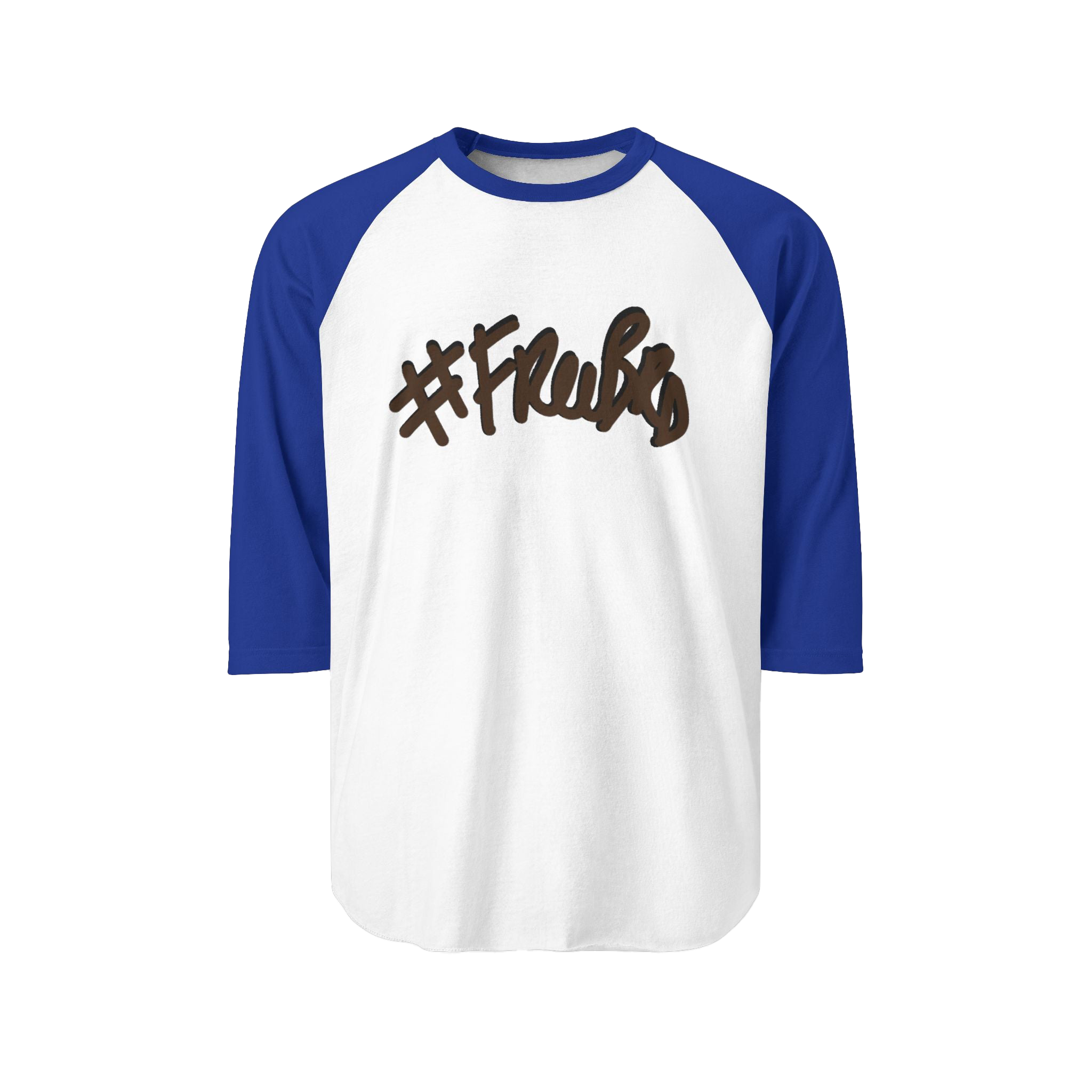 100% ring-spun cotton Raglan Shirt with white torso and royal blue sleeves and hashtag Freebrd in brown text with a black shadow 