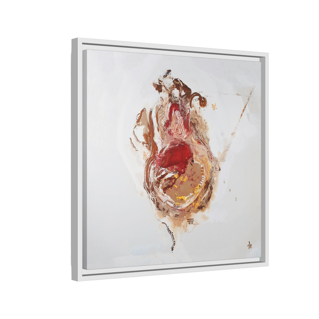  20″ x 20″ "Face Lift" Freebrd Abstract Acrylic Painting Wall Art Print of a stylized figure with a white frame and red earth tones on a light background