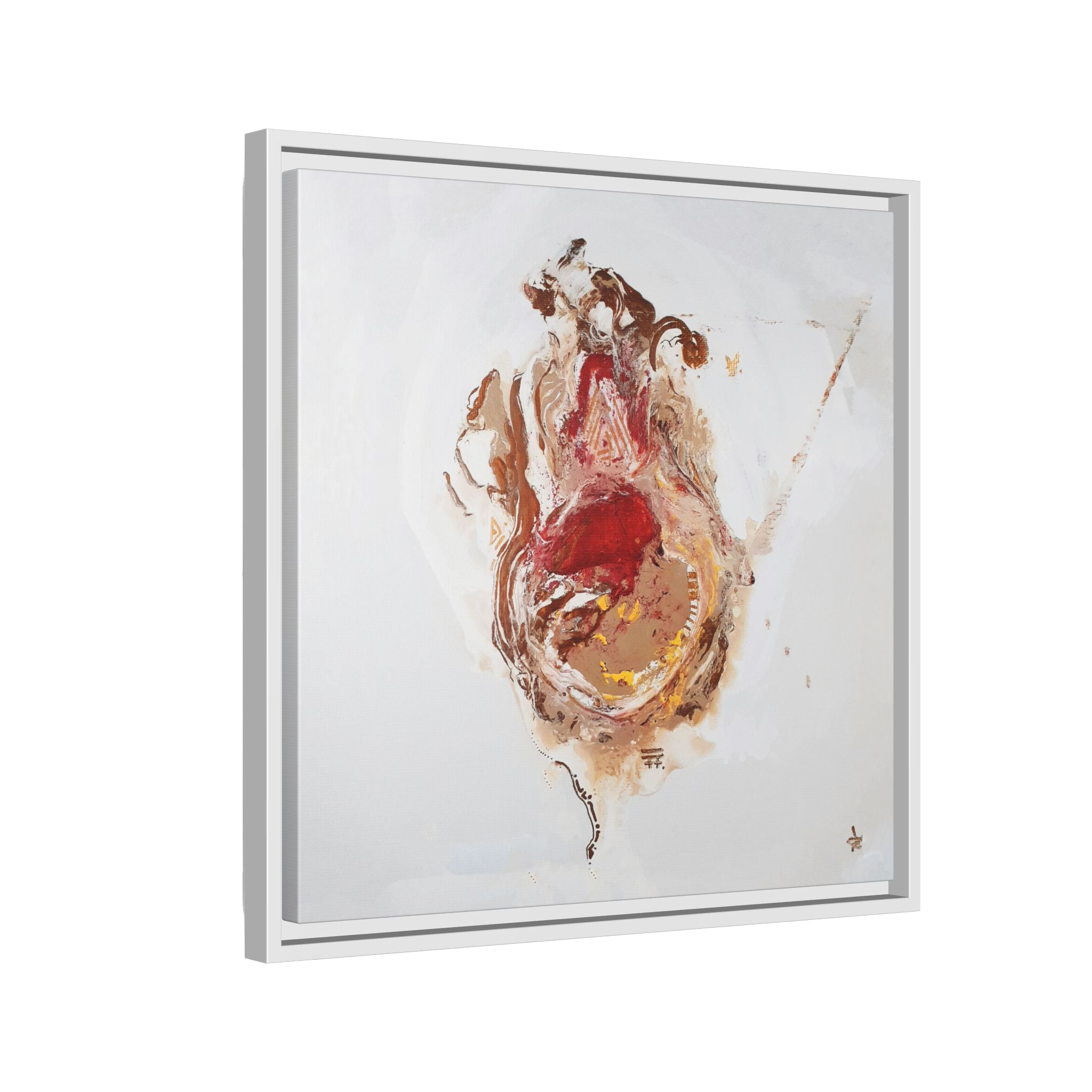  20″ x 20″ "Face Lift" Freebrd Abstract Acrylic Painting Wall Art Print of a stylized figure with a white frame and red earth tones on a light background