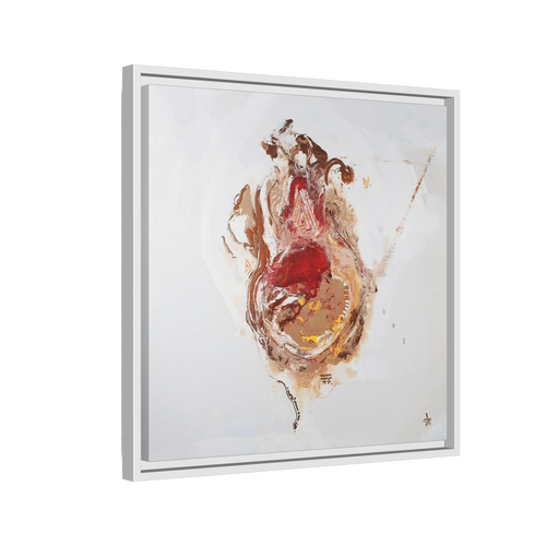  20″ x 20″ "Face Lift" Freebrd Abstract Acrylic Painting Wall Art Print of a stylized figure with a white frame and red earth tones on a light background