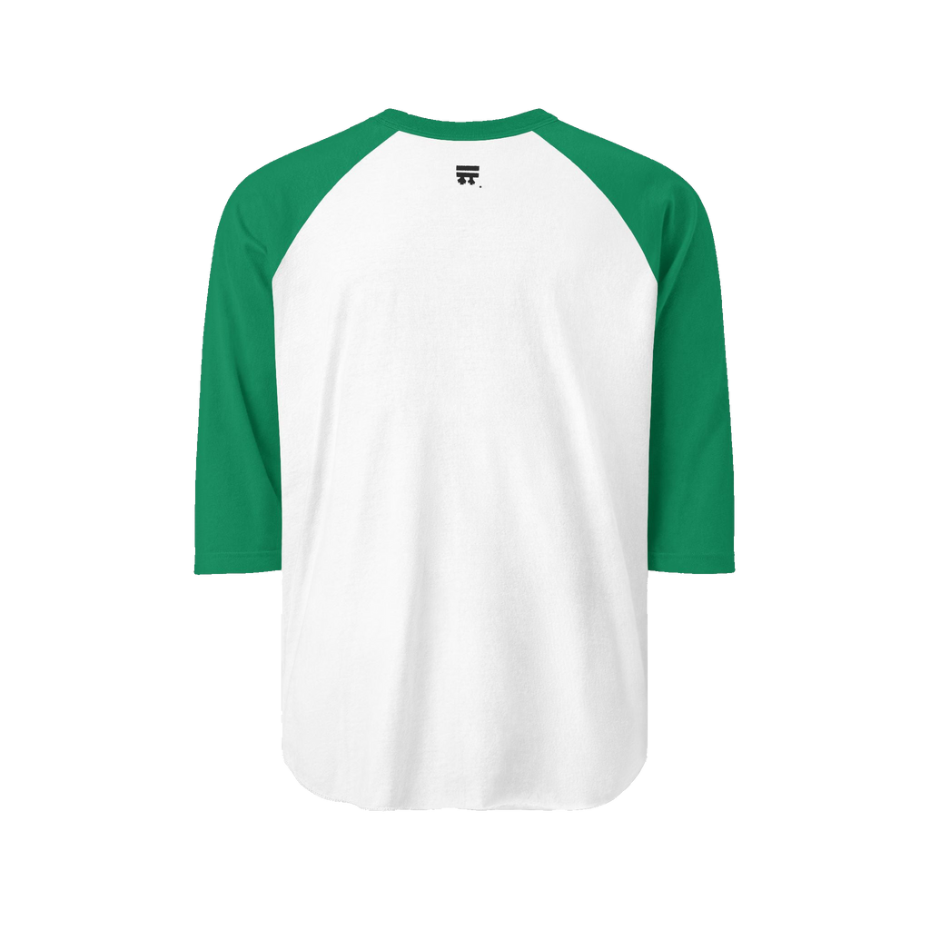 Backside view of 100% ring-spun cotton Raglan Shirt with white torso and kelly sleeves and black Freebrd logo 
