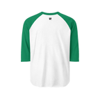 Backside view of 100% ring-spun cotton Raglan Shirt with white torso and kelly sleeves and black Freebrd logo 
