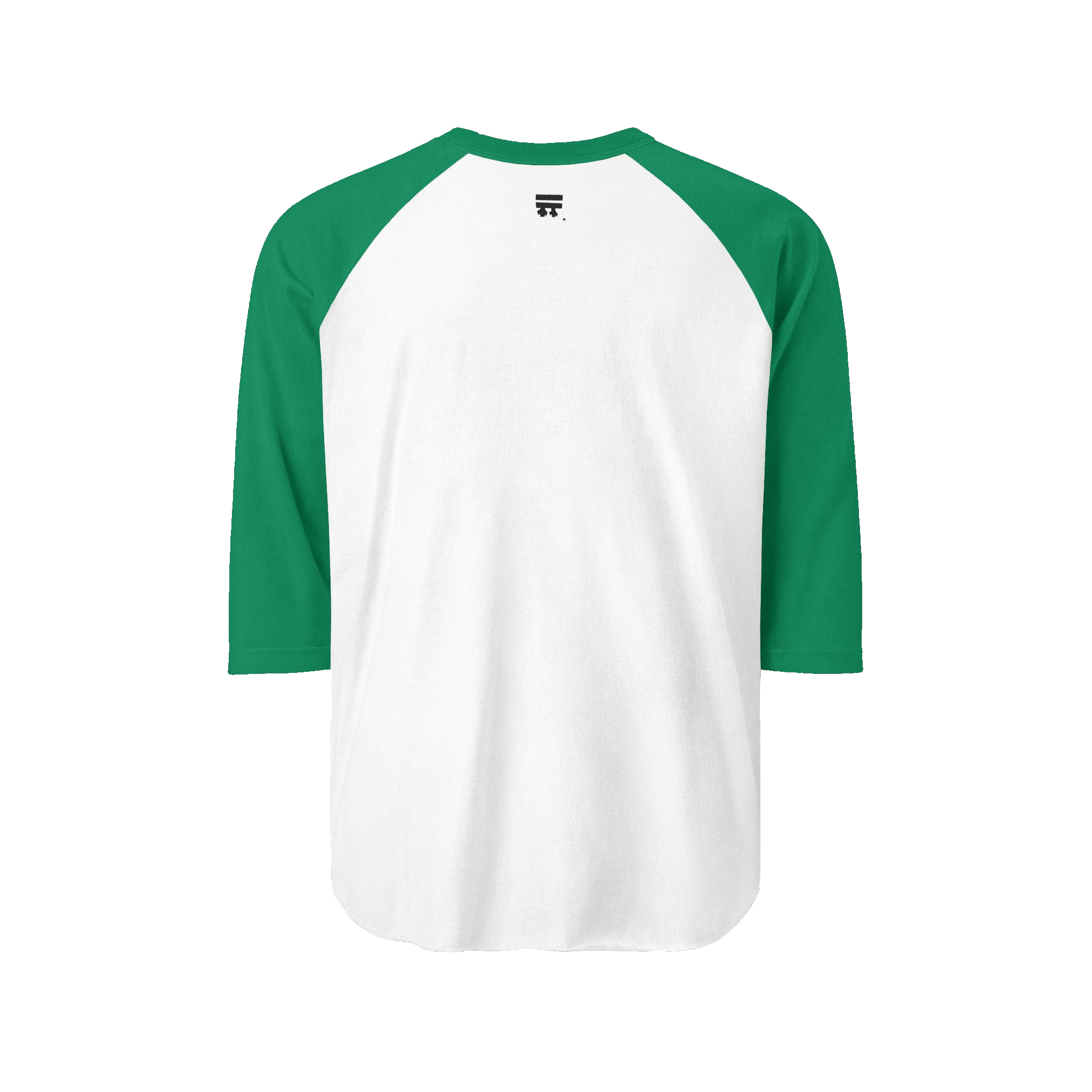Backside view of 100% ring-spun cotton Raglan Shirt with white torso and kelly sleeves and black Freebrd logo 
