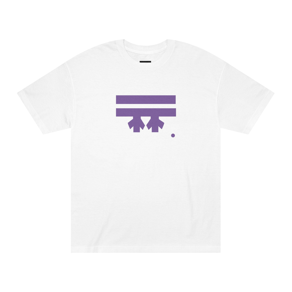 White t-shirt with a purple Freebrd logo 