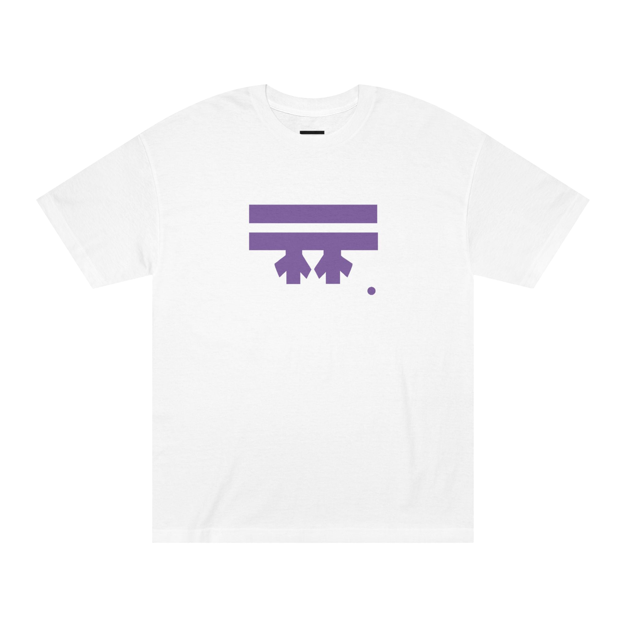 White t-shirt with a purple Freebrd logo 
