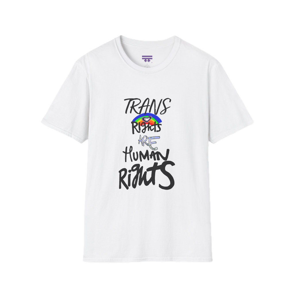 White Trans Rights Are Human Rights T-Shirt with purple Freebrd logo on the inside tag 