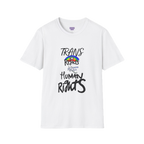 White Trans Rights Are Human Rights T-Shirt with purple Freebrd logo on the inside tag 