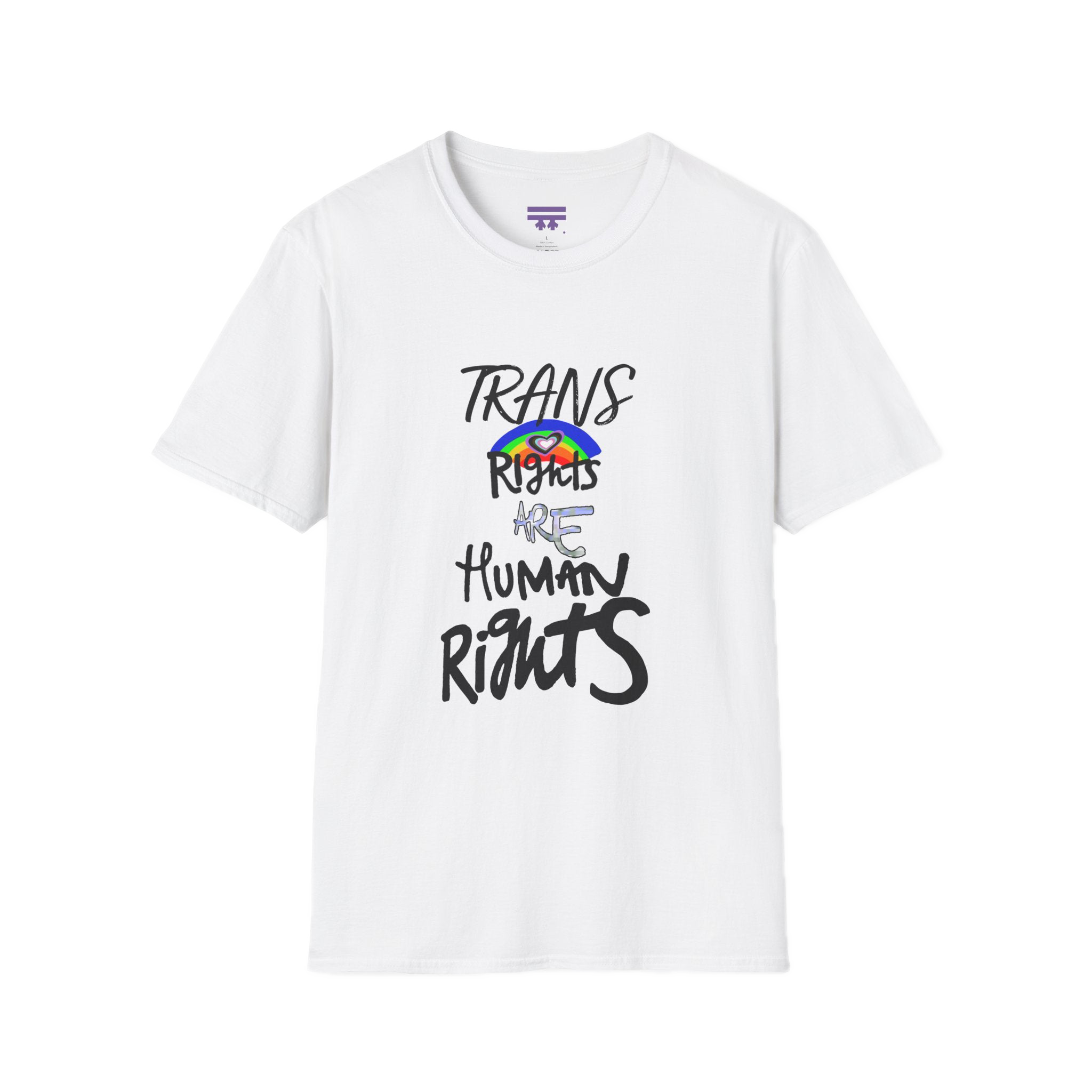 White Trans Rights Are Human Rights T-Shirt with purple Freebrd logo on the inside tag 