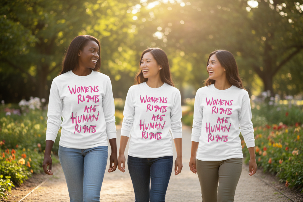 Three women walking outdoors wearing Freebrd designed  'Women's Rights Are Human Rights' white long sleeve shirts.