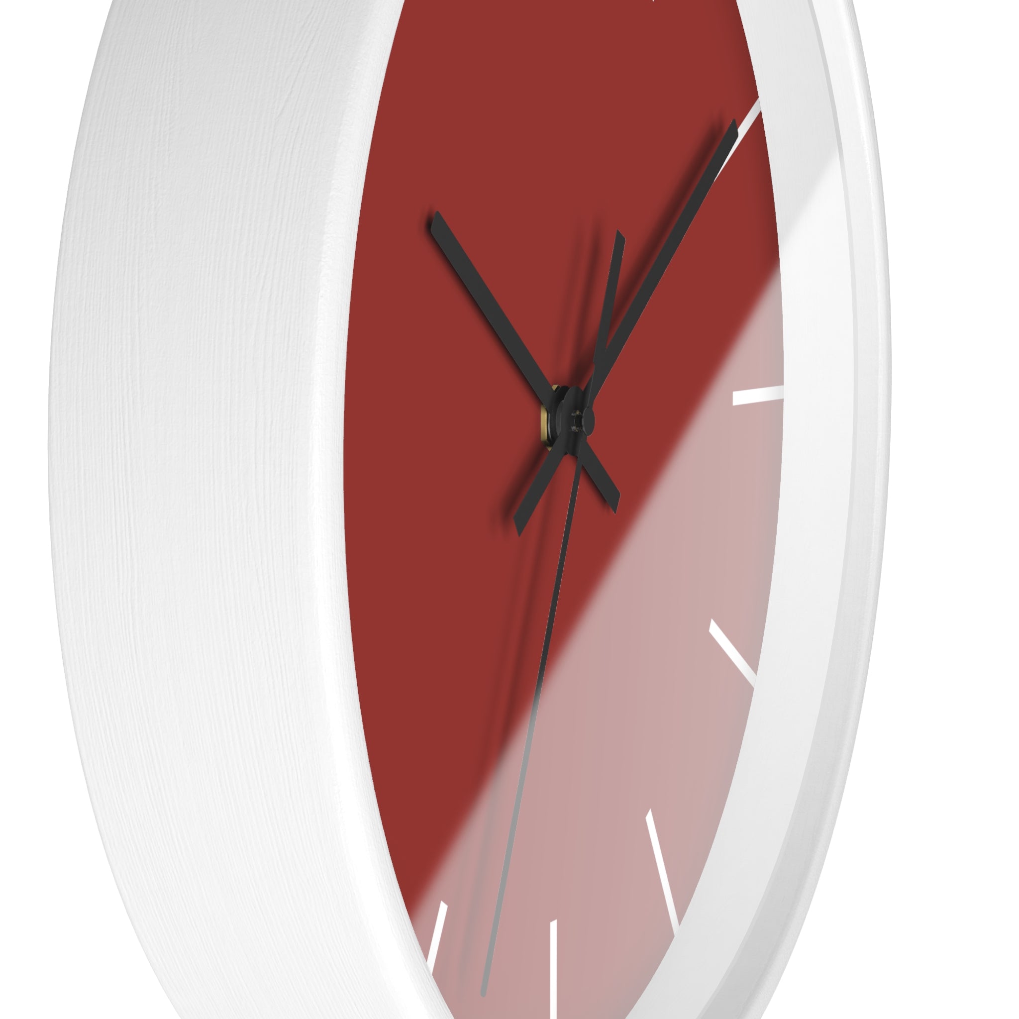 White Wooden Base Black Hand Brownish Red Modern Minimal Silent Wall Clock With White Time Markers Side 
