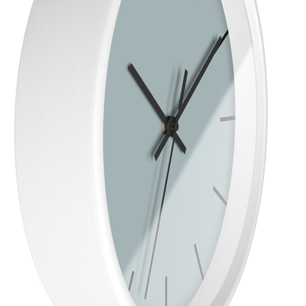 White Wooden Base Black Hand Cool Silver Blue Modern Minimalist Silent Wall Clock With Black Time Markers Side