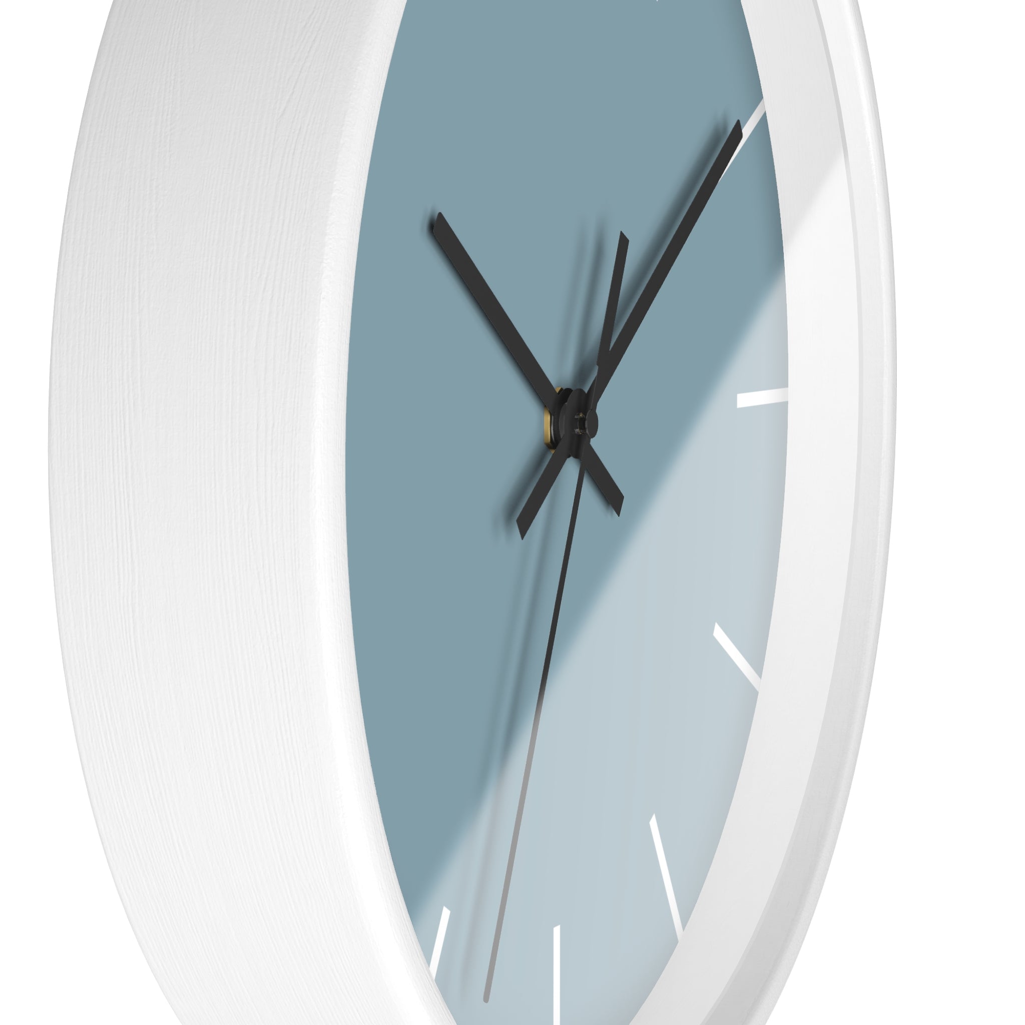 White Wooden Base Black Hand Danish Blue Modern Minimalist Silent Wall Clock With White Time Markers Side