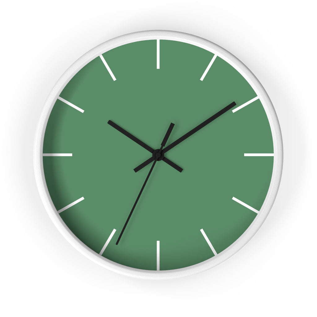 White Wooden Base Black Hand Dust Green Modern Minimal Wall Clock With White Time Markers Front 