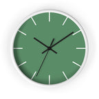 White Wooden Base Black Hand Dust Green Modern Minimal Wall Clock With White Time Markers Front 