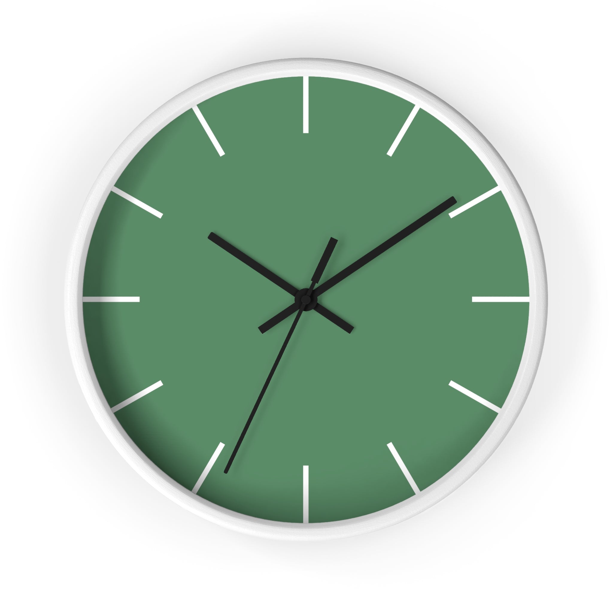 White Wooden Base Black Hand Dust Green Modern Minimal Wall Clock With White Time Markers Front 