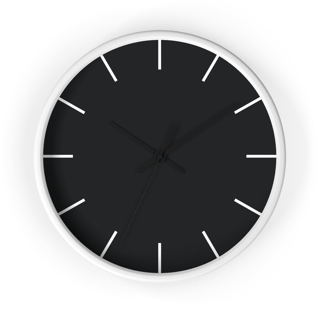 White Wooden Base Black Hand Modern Minimal Carbon Fiber Black Silent Wall Clock With White Time Markers Front 