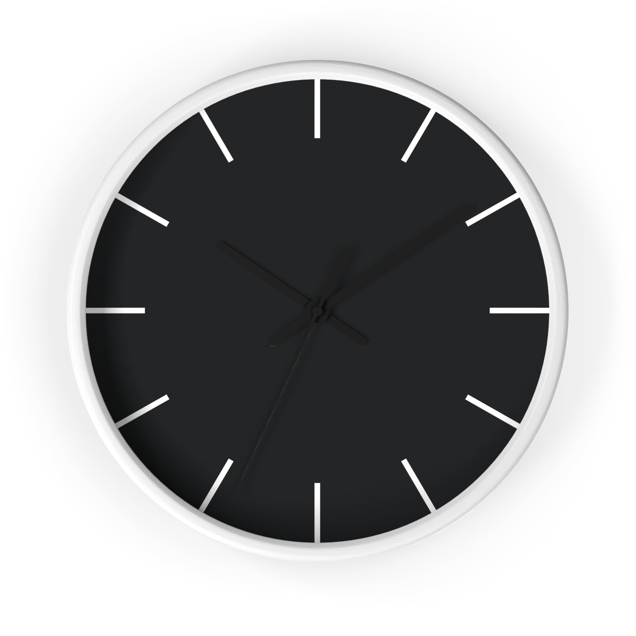 White Wooden Base Black Hand Modern Minimal Carbon Fiber Black Silent Wall Clock With White Time Markers Front 