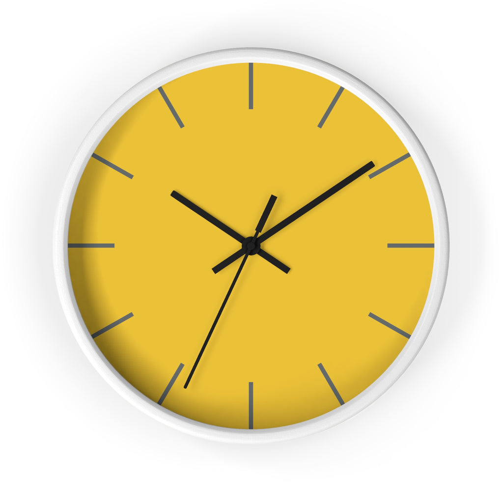 White Wooden Base Black Hand Modern Minimal Champ Yellow Silent Wall Clock with Grey Time Markers Front 