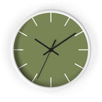 White Wooden Base Black Hand Modern Minimal Dark Sage Olive Green Quiet Wall Clock With White Time Markers Front