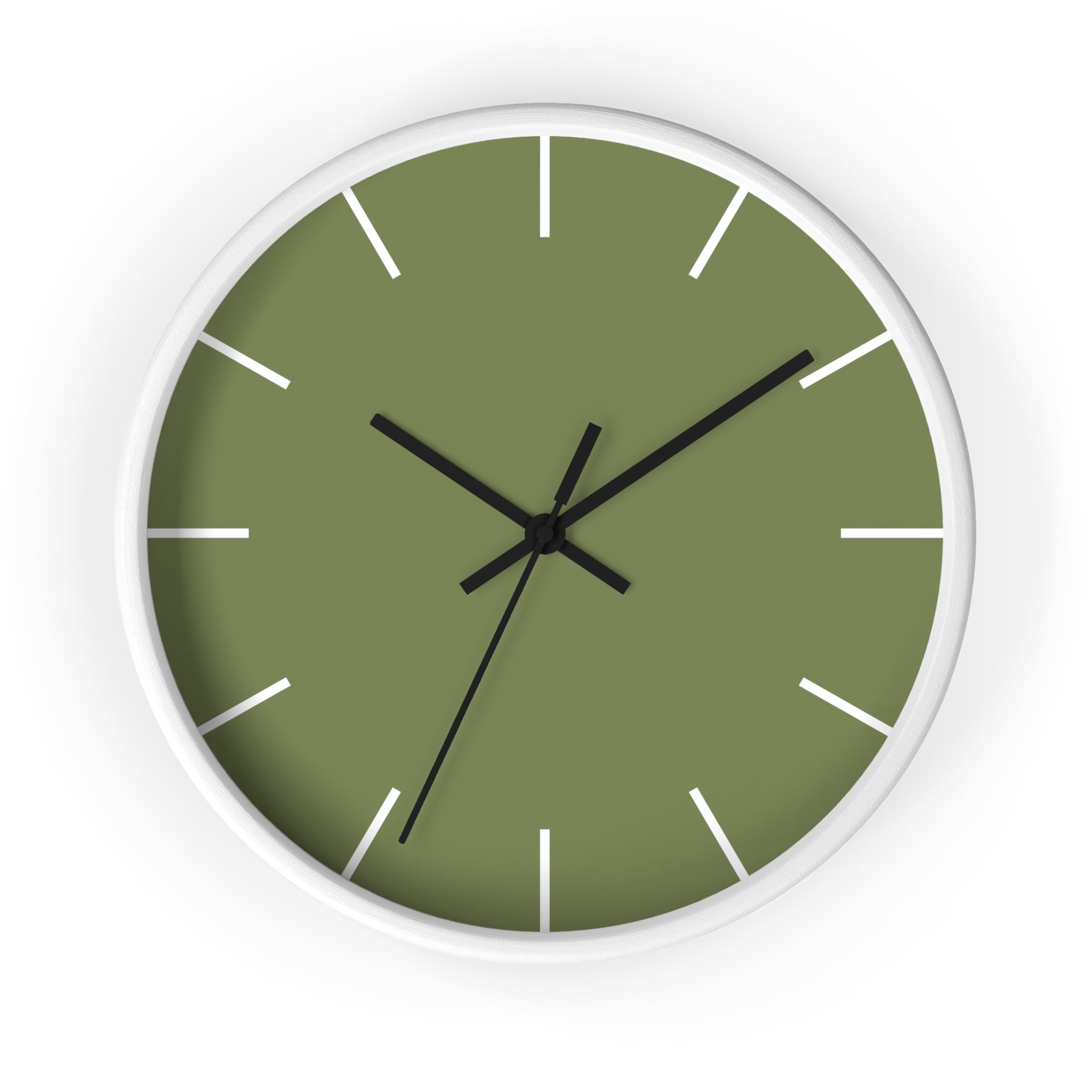 White Wooden Base Black Hand Modern Minimal Dark Sage Olive Green Quiet Wall Clock With White Time Markers Front