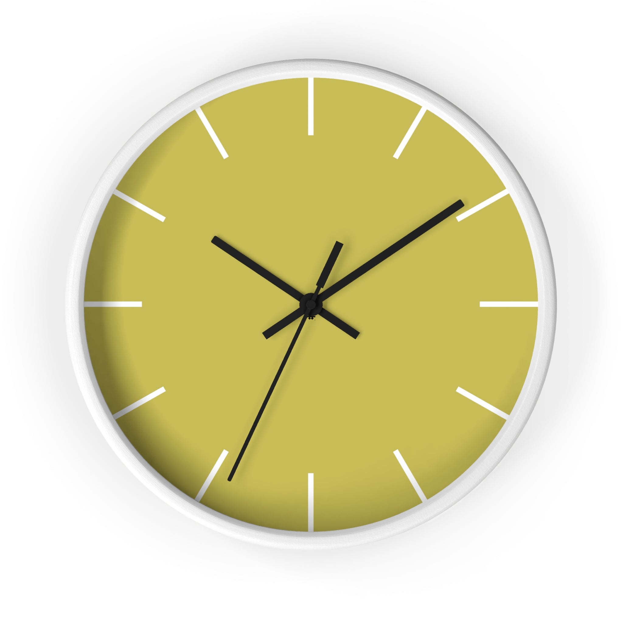White Wooden Base Black Hand Modern Minimal Dull Gold Yellow Wall Clock With White Time Markers Front