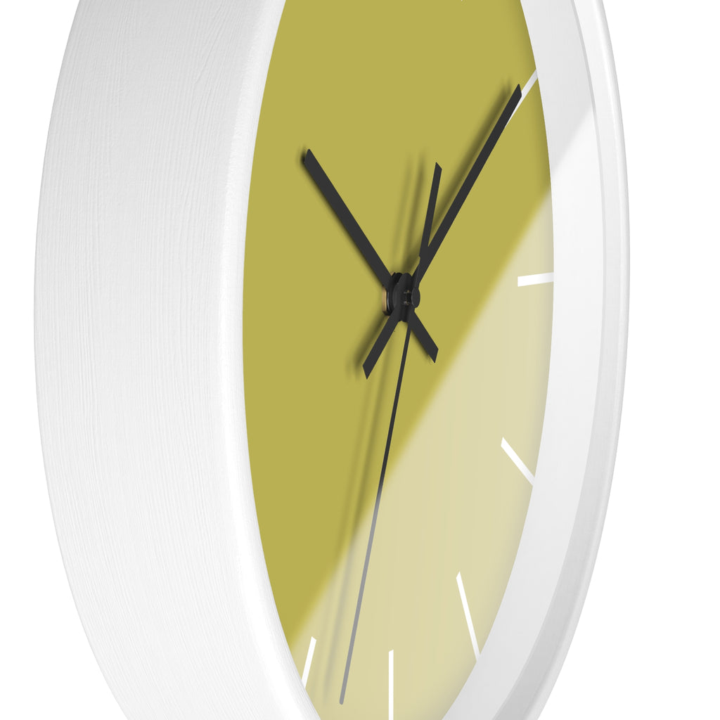 White Wooden Base Black Hand Modern Minimal Dull Gold Yellow Wall Clock With White Time Markers Side