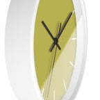 White Wooden Base Black Hand Modern Minimal Dull Gold Yellow Wall Clock With White Time Markers Side