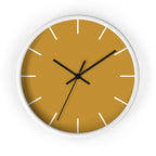 White Wooden Base Black Hand Modern Minimal Gold Ochre Mustard Silent Wall Clock With White Time Markers Front