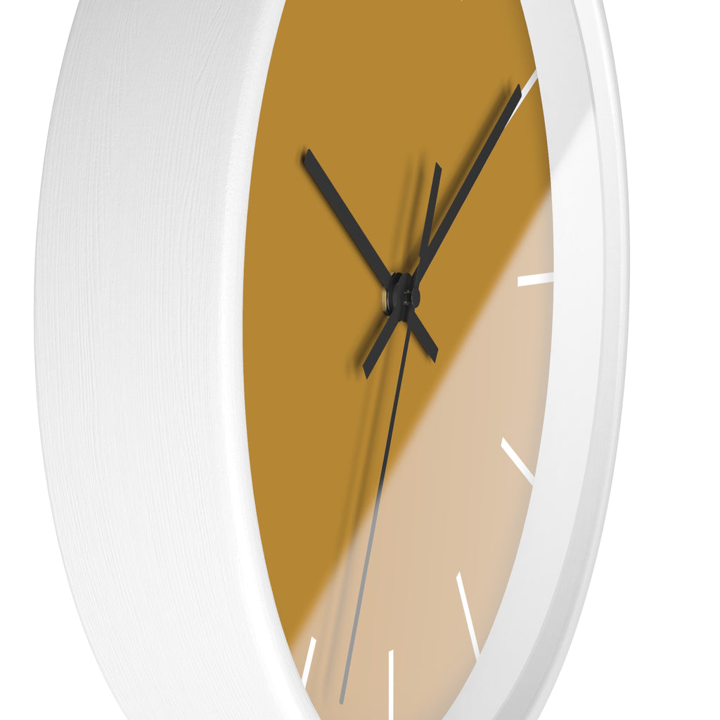 White Wooden Base Black Hand Modern Minimal Gold Ochre Mustard Silent Wall Clock With White Time Markers Side