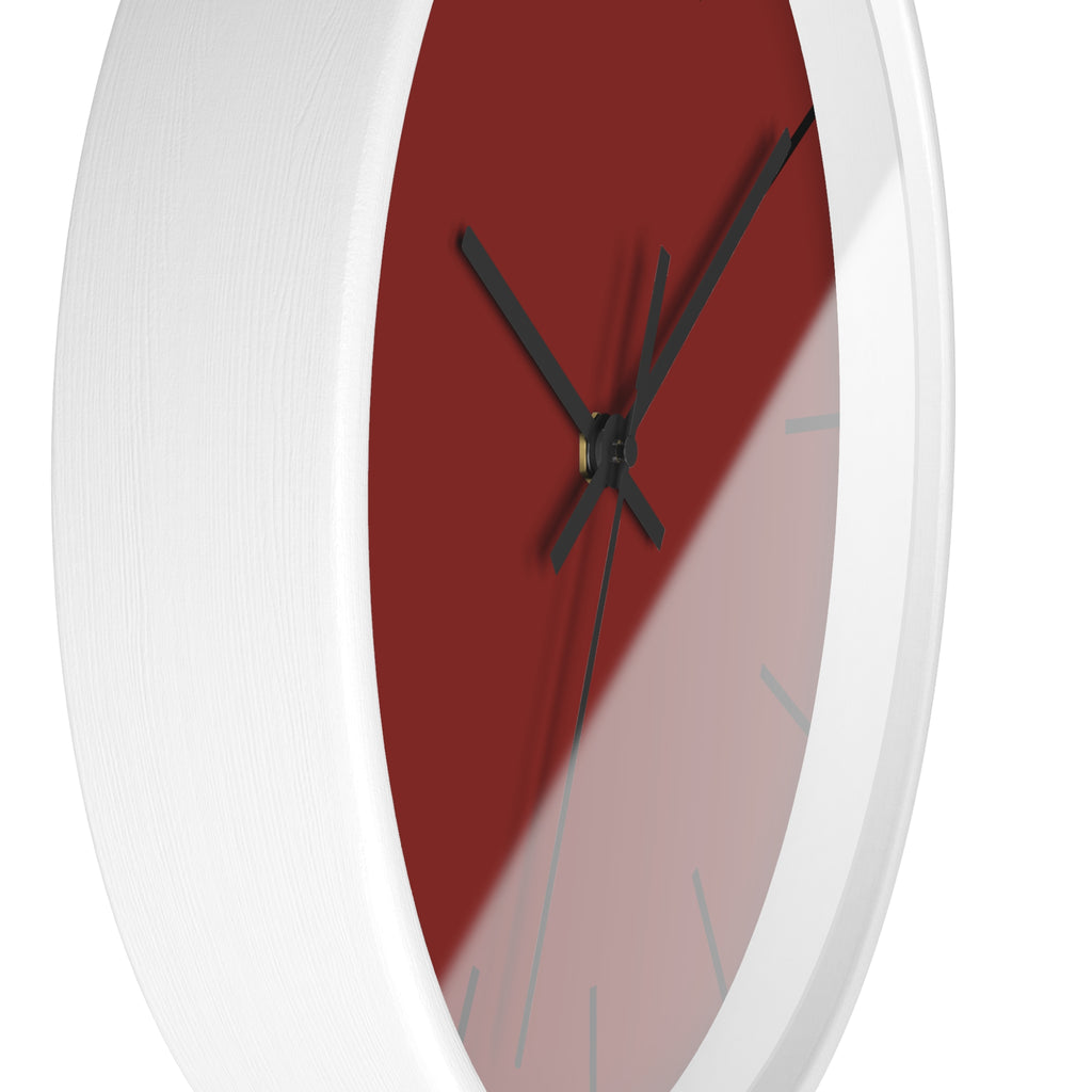White Wooden Base Black Hand Modern Minimal Maroon Bloodstone Red Silent Wall Clock With Black Time Markers Side