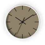 White Wooden Base Black Hand Modern Minimal Neutral Taupe Silent Wall Clock With Black Time Markers Front