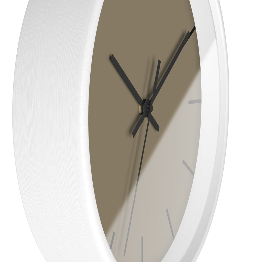 White Wooden Base Black Hand Modern Minimal Neutral Taupe Silent Wall Clock With Black Time Markers Side 