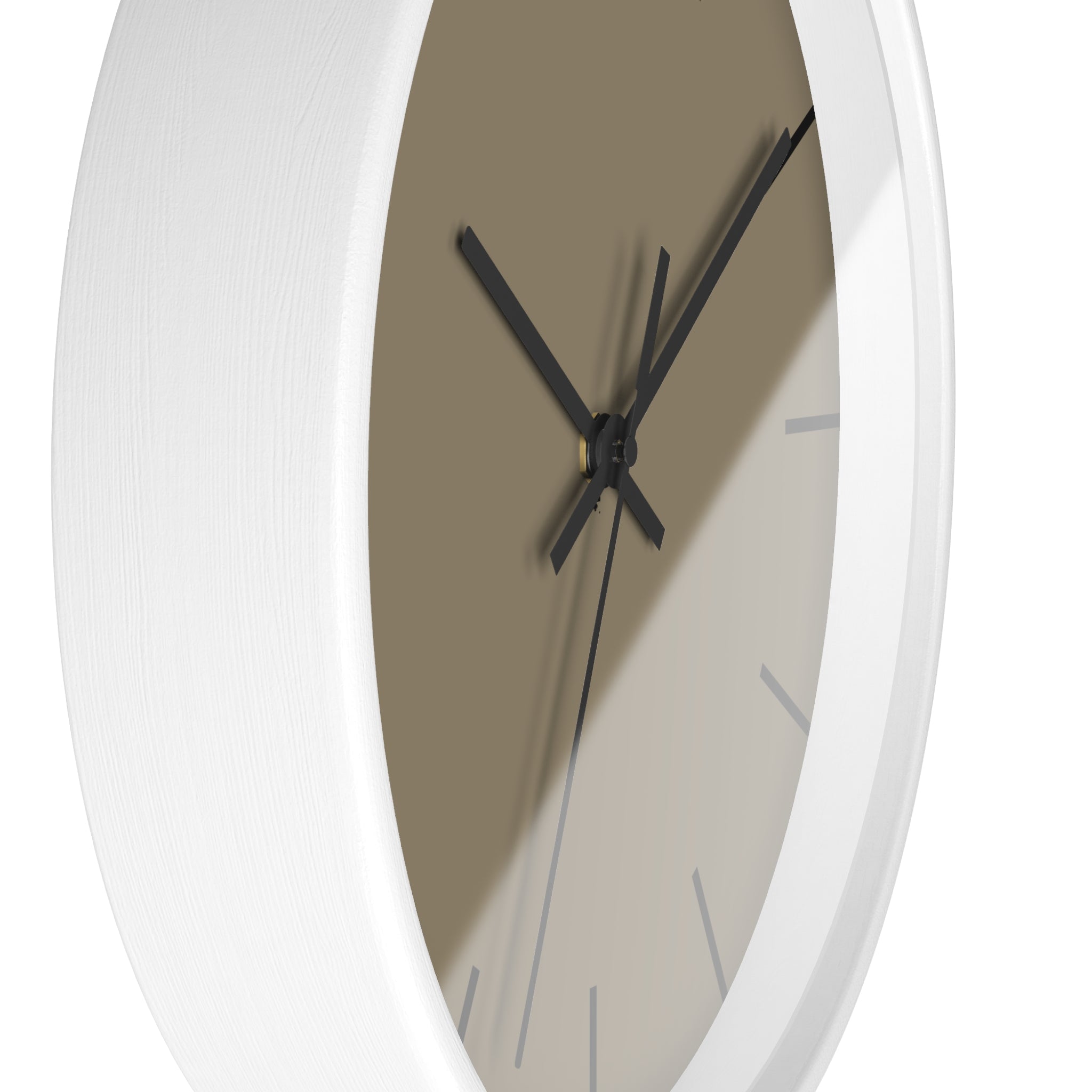 White Wooden Base Black Hand Modern Minimal Neutral Taupe Silent Wall Clock With Black Time Markers Side 