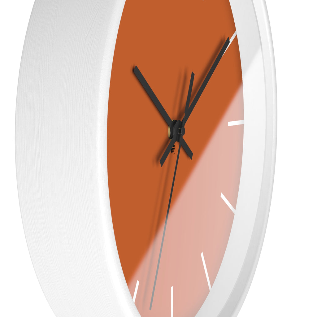 White Wooden Base Black Hand Modern Minimal Roman Earth Rust Orange Wall Clock With White Time Markers Side 