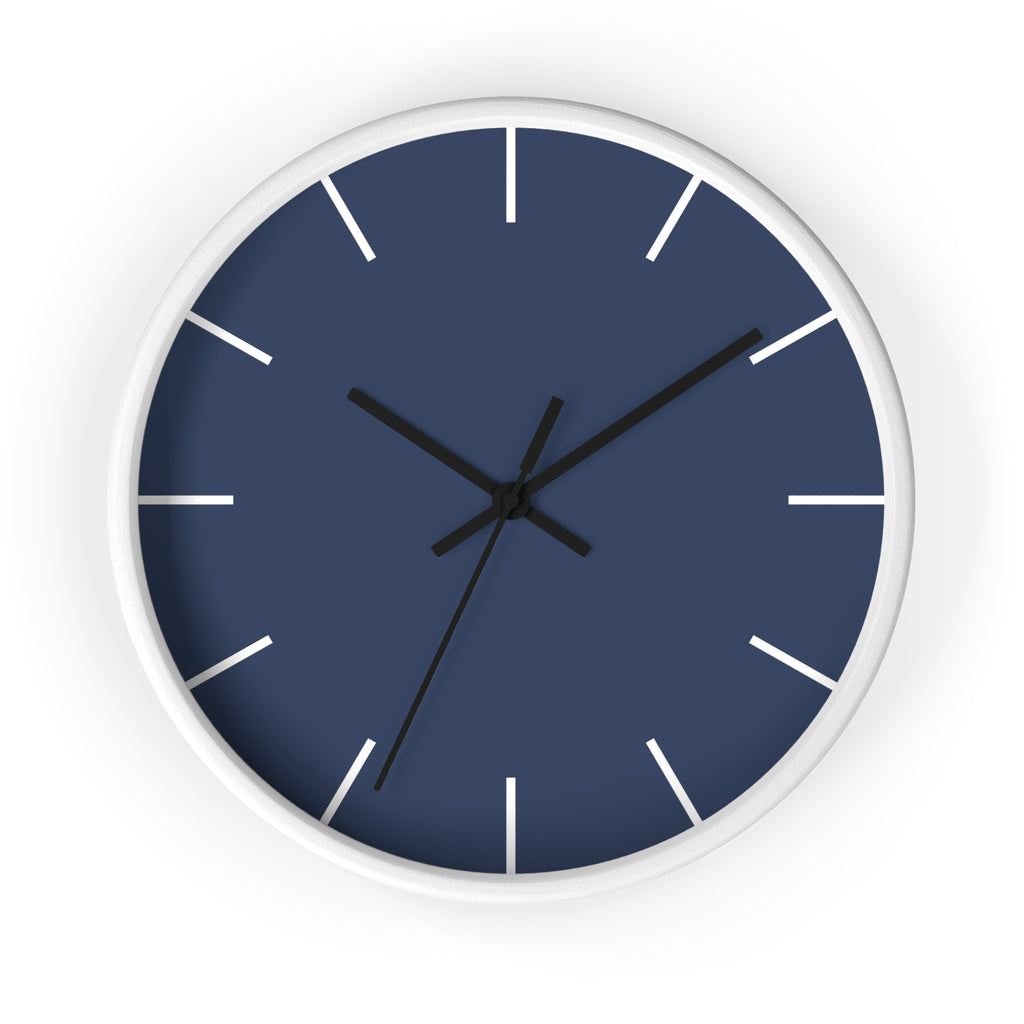 White Wooden Base Black Hand Modern Minimal Rugged Blue Navy Silent Wall Clock With White Time Markers Front