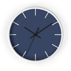 White Wooden Base Black Hand Modern Minimal Rugged Blue Navy Silent Wall Clock With White Time Markers Front
