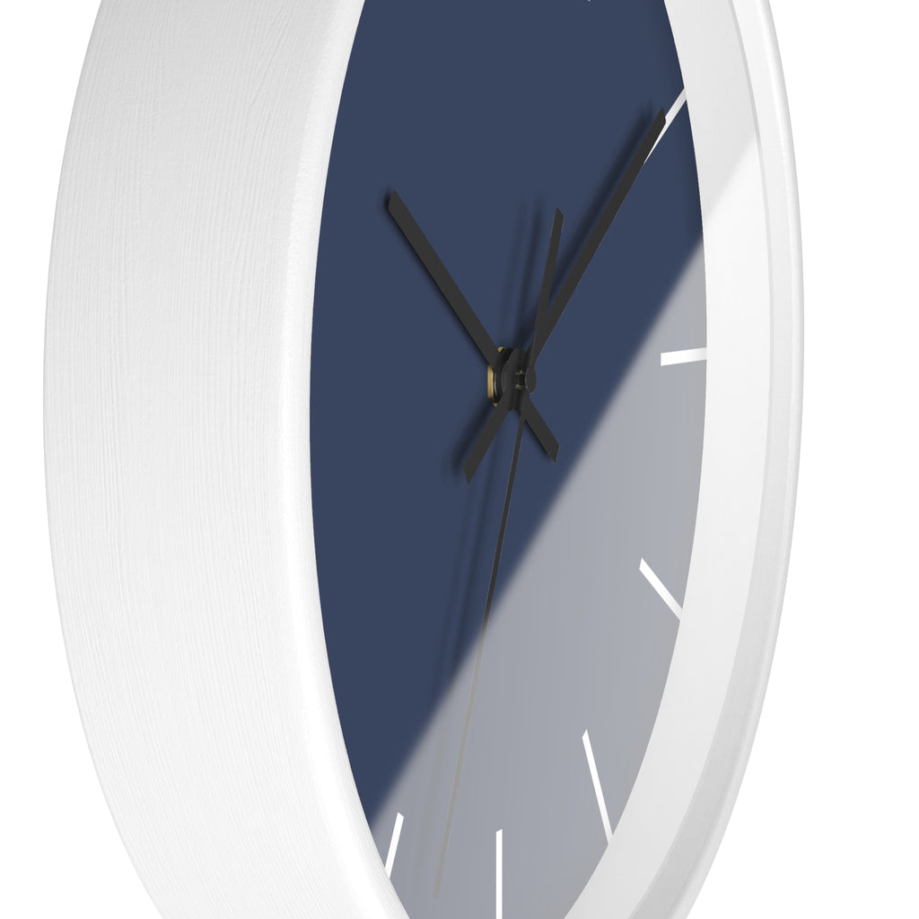 White Wooden Base Black Hand Modern Minimal Rugged Blue Navy Silent Wall Clock With White Time Markers Side