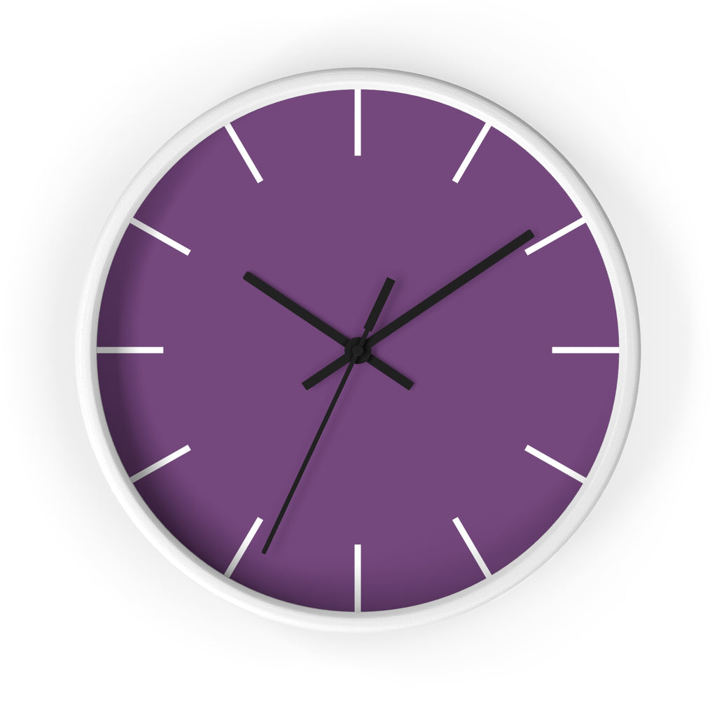  White Wooden Base Black Hand Modern Minimal Silent Purple Wall Clock With White Time Markers Front