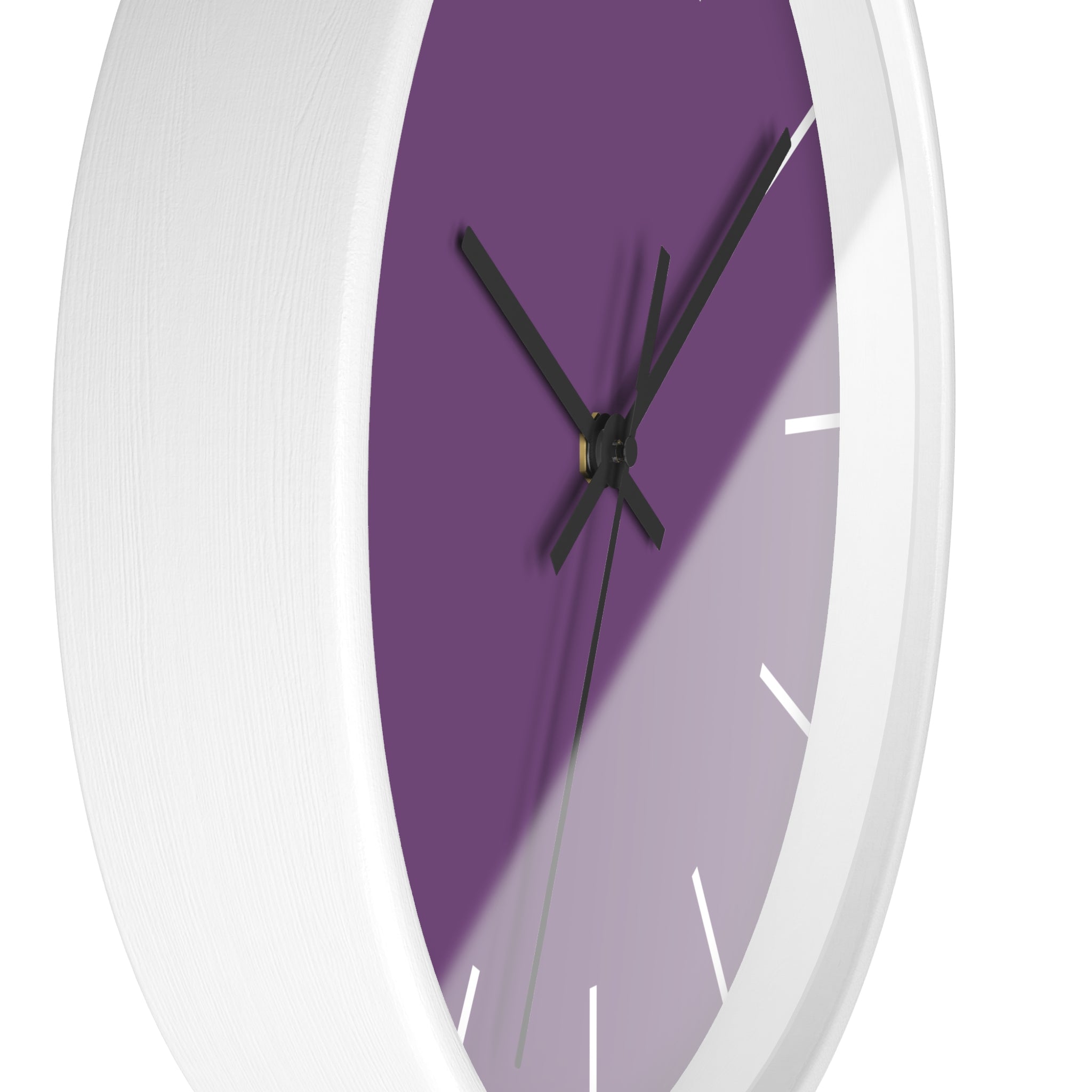 White Wooden Base Black Hand Modern Minimal Silent Purple Wall Clock With White Time Markers Side