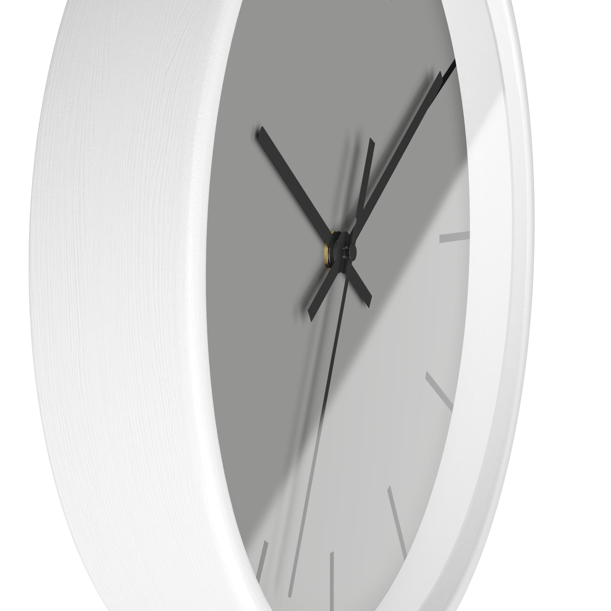 White Wooden Base Black Hand Modern Minimal Stardust Grey Silent Wall Clock With Black Time Markers Side