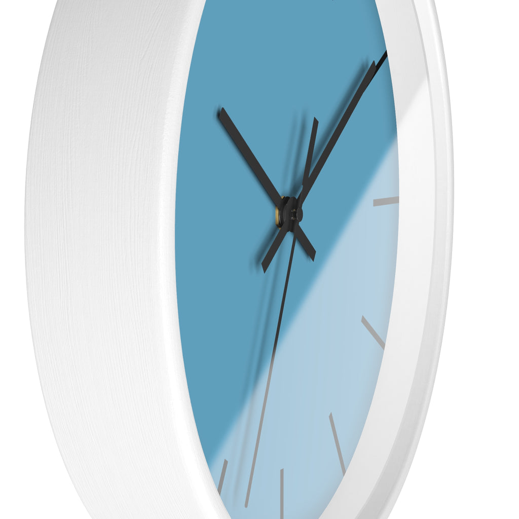 White Wooden Base Black Hand Modern Minimal Vintage Blue Wall Clock With Dark Grey Time Markers Side