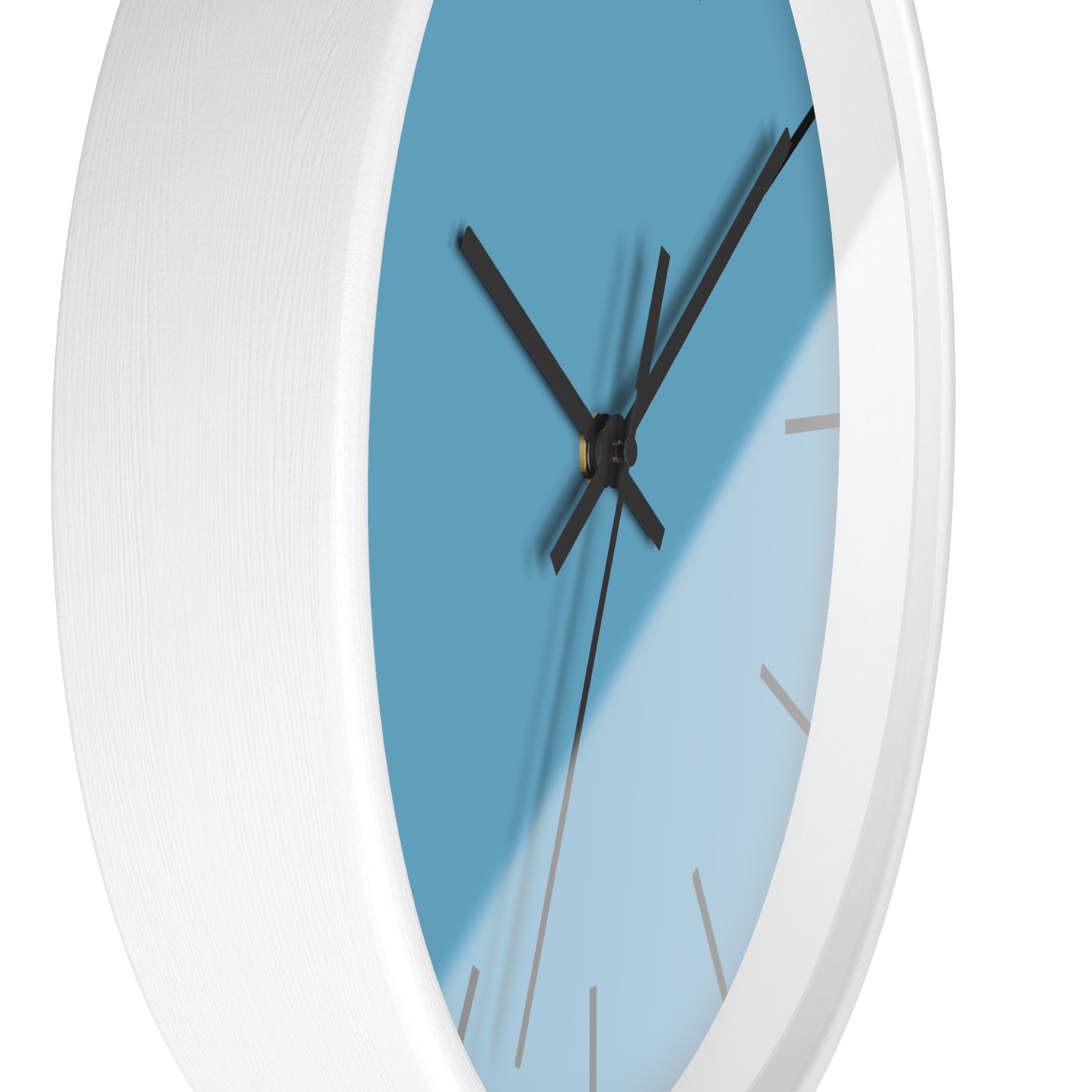 White Wooden Base Black Hand Modern Minimal Vintage Blue Wall Clock With Dark Grey Time Markers Side
