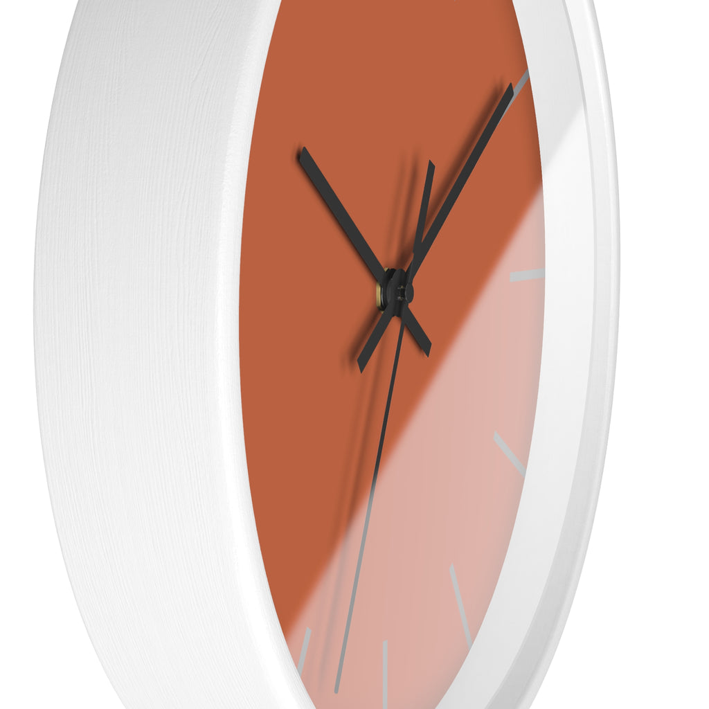 White Wooden Base Black Hand Modern Minimalist Boho Rust Orange Wall Clock With Light Grey Time Markers Side