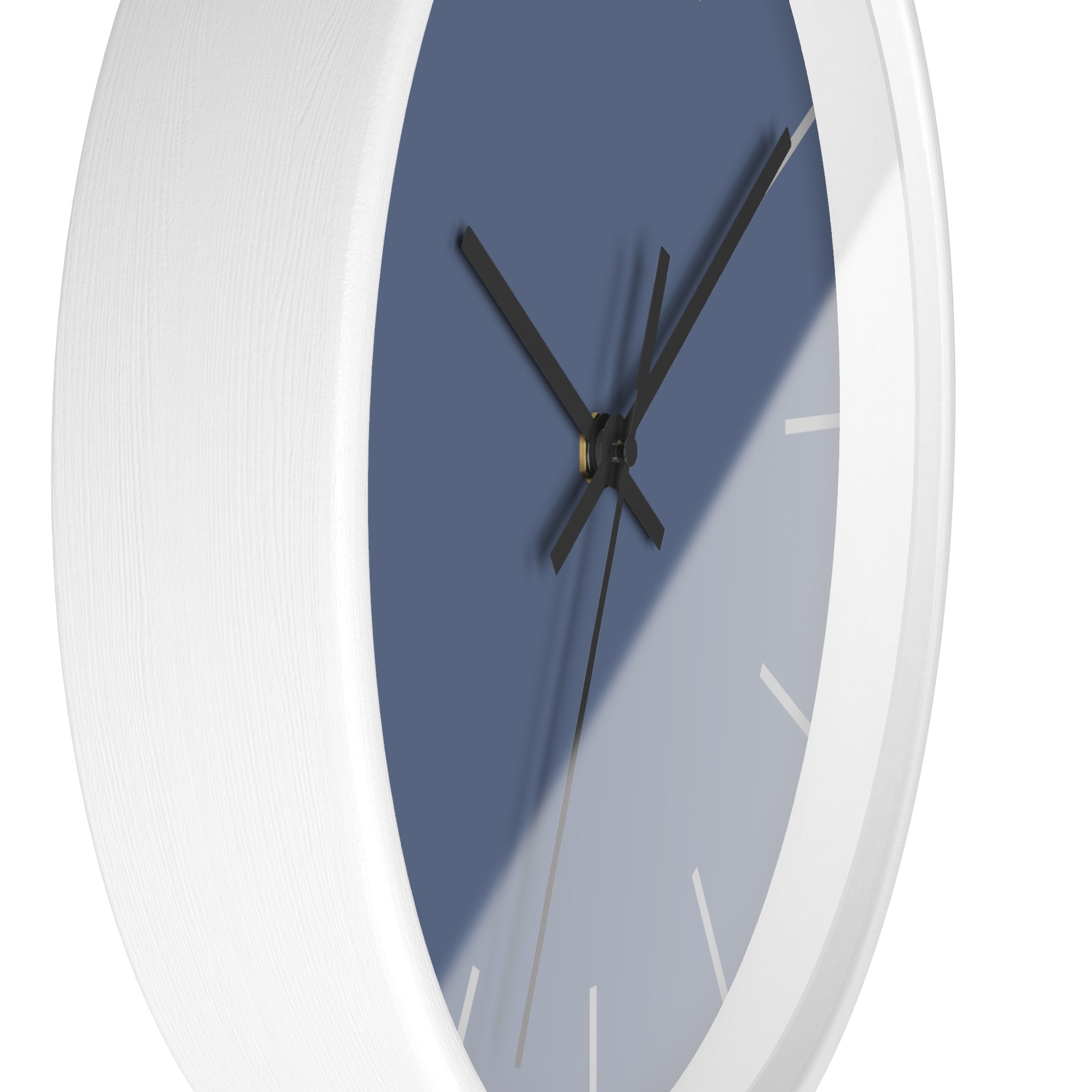 White Wooden Base Black Hand Modern Minimalist Dust Blue Silent Wall Clock With White Time Markers Side