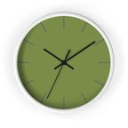 White Wooden Base Black Hand Olive Green Modern Minimal Silent Wall Clock With Dark Grey Time Markers Front